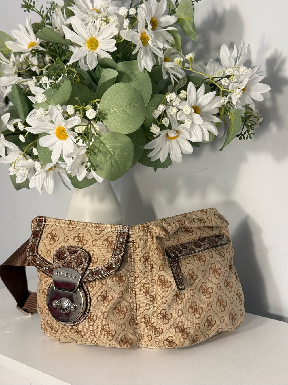 Vintage Guess Y2K Monogram Belt Bag Fanny Pack Beige Brown Logo Canvas